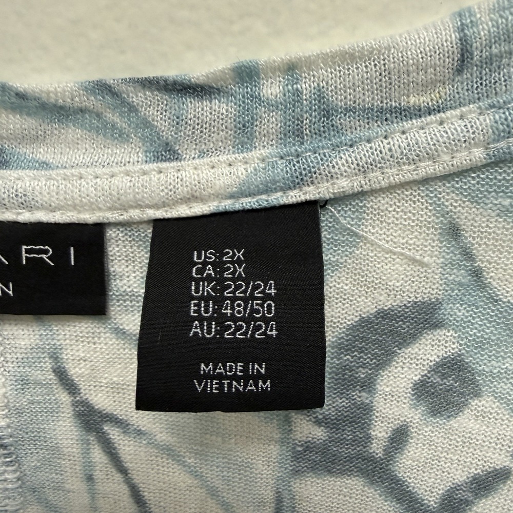 Tahari 100% Linen Top Womens 2X Blue Tropical Leaf Print V Neck Blouse - Picture 4 of 9